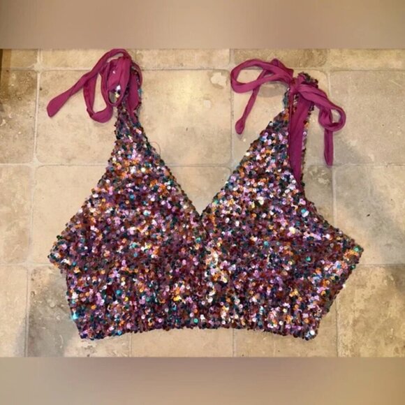 Free People Big Night Sequin Crop Top S Confetti in Pink Sparkle Barbie Surplice - Picture 3 of 10